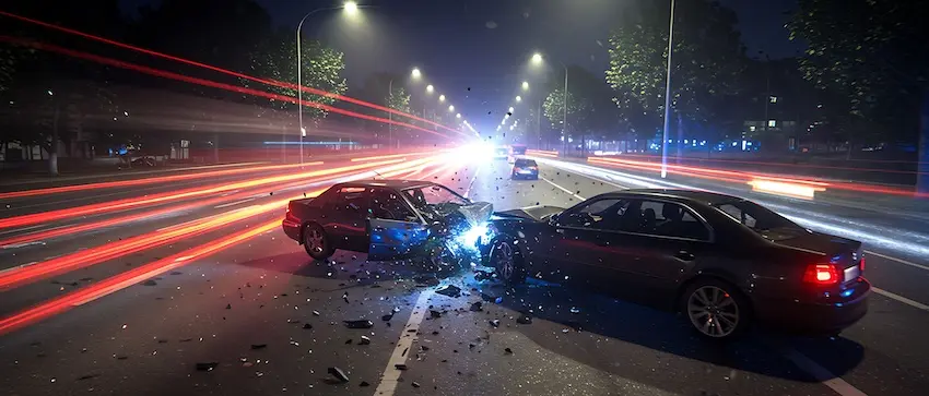 Two severely damaged vehicles sit in the middle of a lit city road at night surrounded by debris and streaking light trails- depicting the type of serious collision that requires victims to immediately begin the car accident claim process to recover damages with help from Panchenko Law Firm in Spartanbrug SC.