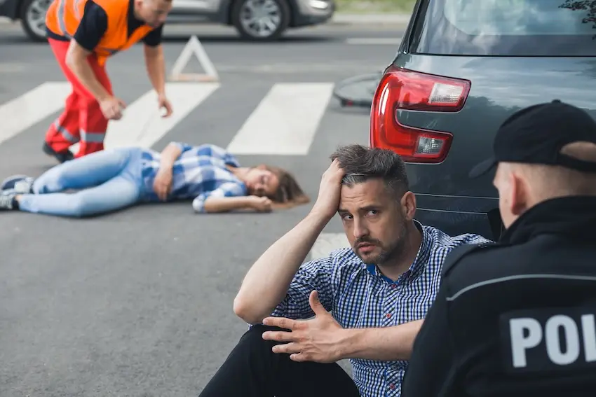 Injured driver speaking with a police officer while filing an accident report at the crash scene
