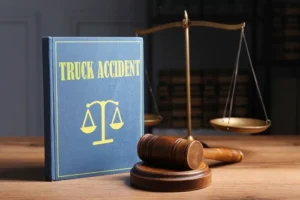 Book titled ‘Truck Accident Law’ with a gavel beside it symbolizing legal representation from a Monroe truck accident lawyer.