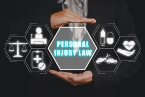 Lawyer holding a graphic labeled ‘Personal Injury Law’ — representing a car accident law firm that helps clients understand the common causes of car accidents and provides trusted legal guidance through an experienced car accident lawyer.