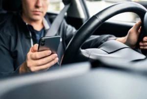 Fort Mill rideshare accident lawyer – distracted driver checking phone for rideshare rides before a potential car accident.